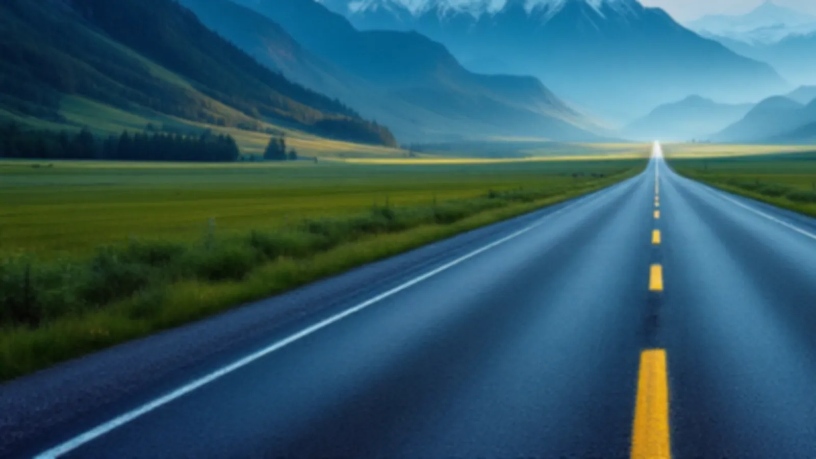 A straight empty road through a wide green valley toward blue mountains at dawn, the AxleQuote view of compare loan offers online, $100 – $5,000